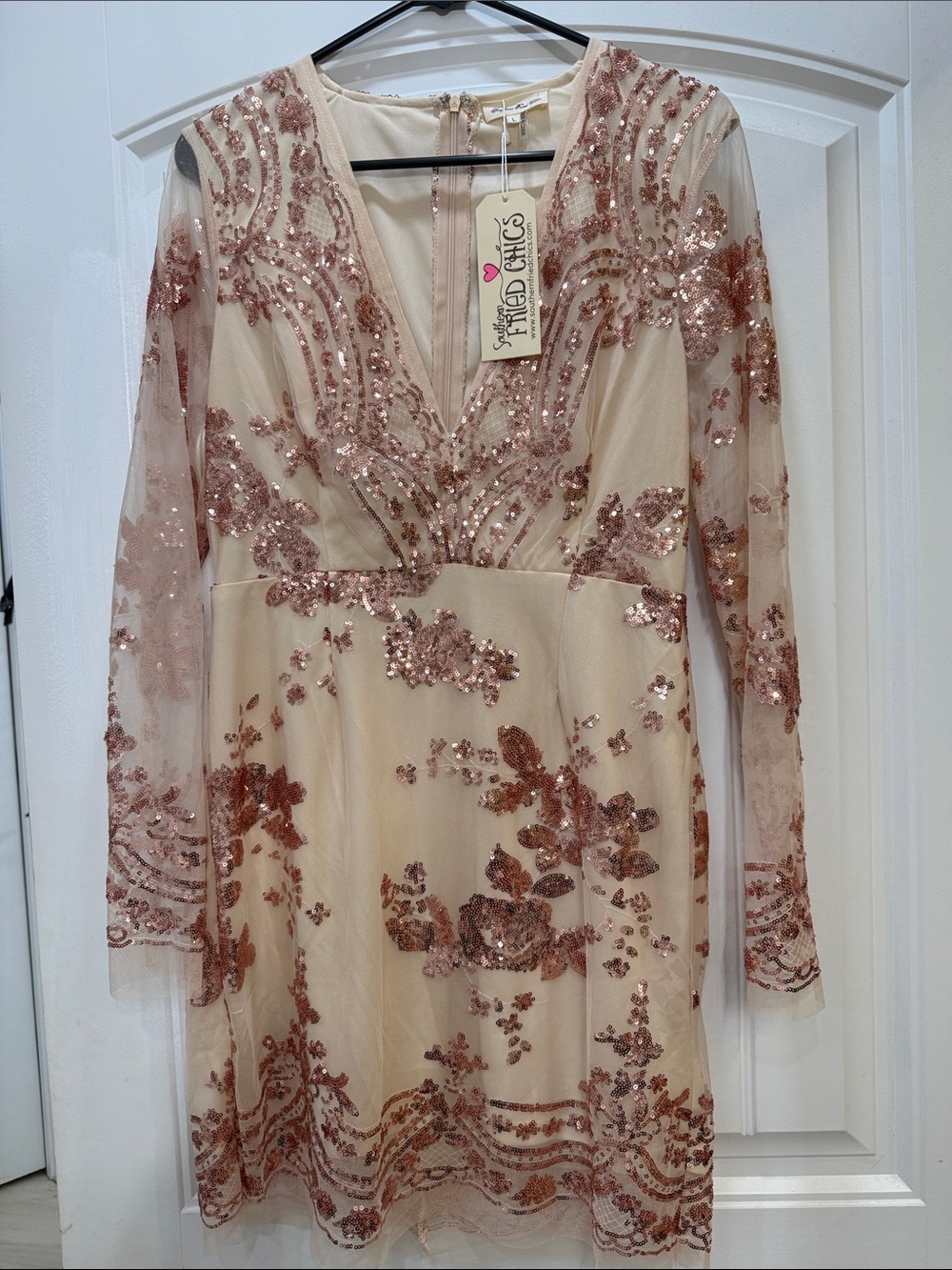Sherri Hill Rose Gold Sequin Embellished Long Sleeve V-Neck Dress